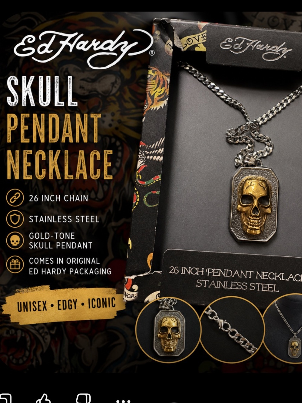 Ed Hardy Gold and Silver Skull Pendant Necklace